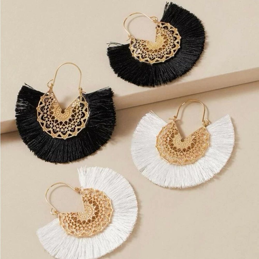 Two pairs of hollows out flower pattern fringe drop earrings